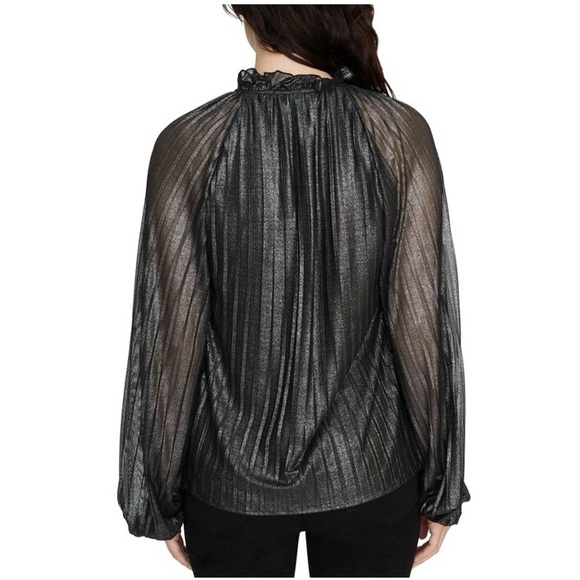 Sanctuary Live It Up Black Metallic Peasant Blouse Long Sleeve Metallic Gray - Picture 3 of 7